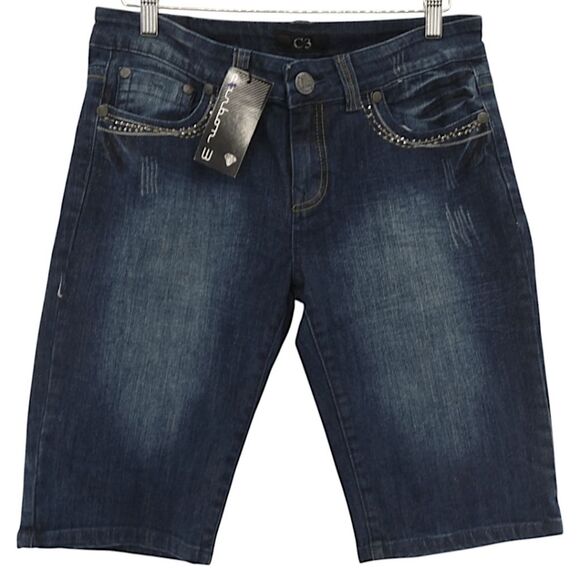 C3 Embellished Bermuda Denim Shorts Women’s Size 11 Dark Wash Crystal Studded